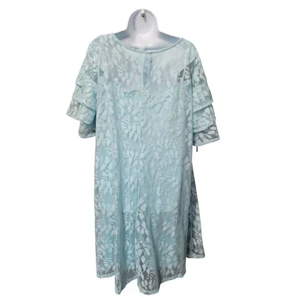 Lane Bryant Dress 18 Blue Lace Ruffle Sleeve Below Knee Pullover Sheath Floral - Picture 14 of 14